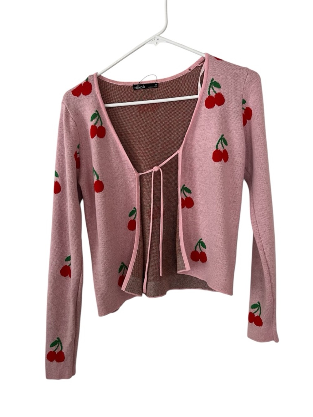 nikkak SzM Pink with Red Cherry Tie-Front Cotton Blend Cardigan Sweater